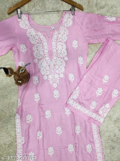 Rayon Modal Chikankari Kurti with Palazzos - Solid, handcrafted Indian women's fashion set in M, L, XL, XXL, 5XL, 6XL