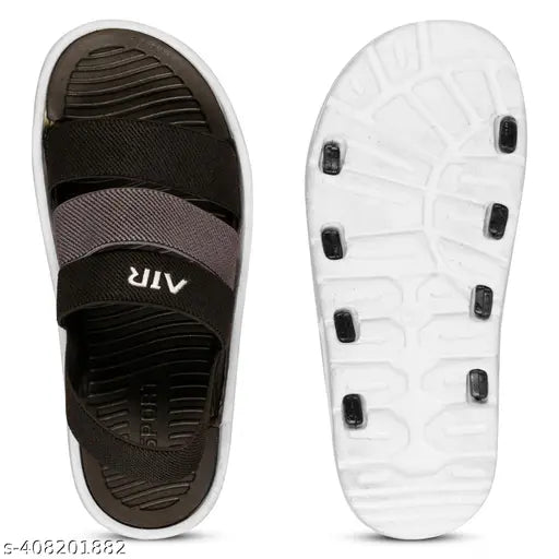 Black fabric slide sandals with velcro straps, suitable for kids during summer season