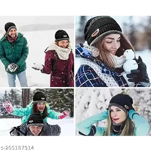Woolen winter cap set with muffler & gloves in solid design, perfect for fall/winter, soft textured knit, India-made