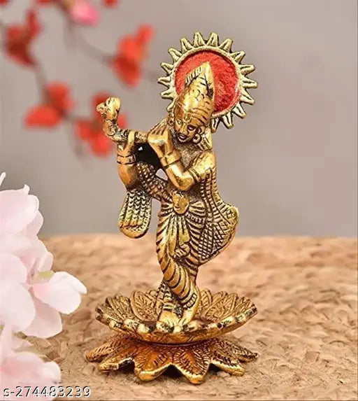 Krishna idol playing flute on kamal flower, metal decor for home temple, office, gifting. Size L-B-H-8x8x14 cm, handcrafted in India