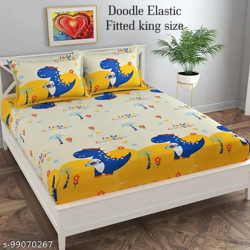 Glace cotton, kid-friendly cartoon print, double king size fitted bedsheets. Two pillow covers included, ideal for summer." (97 characters)