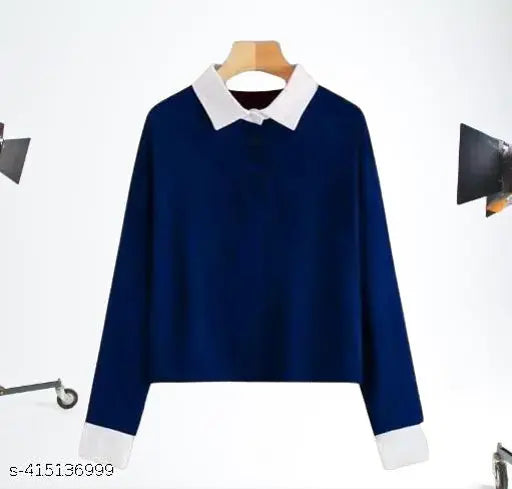 Blue cotton blend long sleeve polo t-shirt for women, solid pattern, available in various sizes