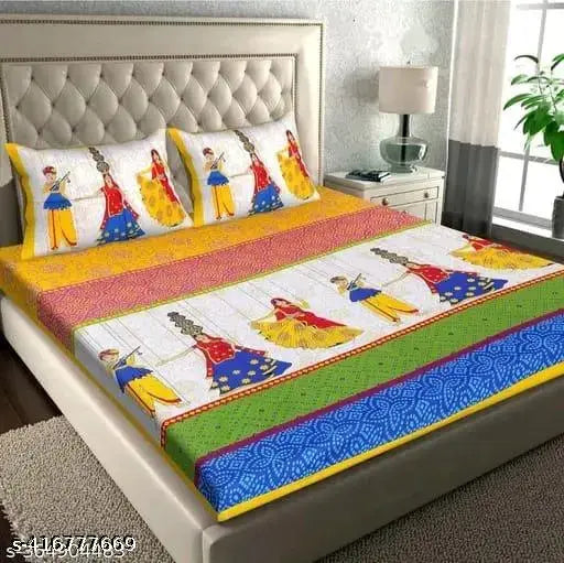 Rajasthani printed cotton bedsheet with 2 pillow covers, multicolor, double bed size.