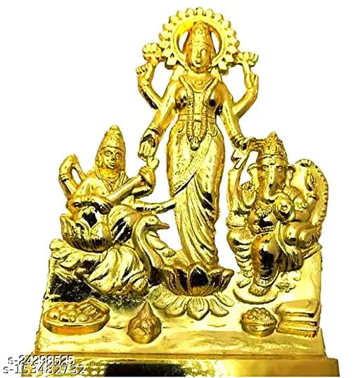 Golden metal statue of Hindu deities, central female with multiple arms and seated posture, flanked by male figures and symbols
