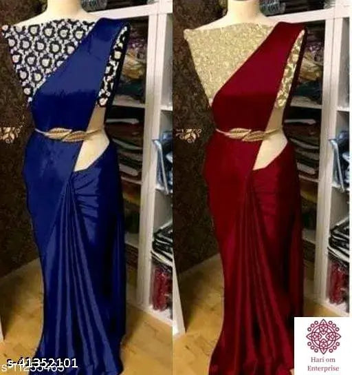 A red satin saree with golden accents and sleeveless design