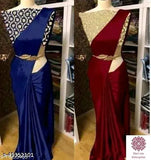 A red satin saree with golden accents and sleeveless design