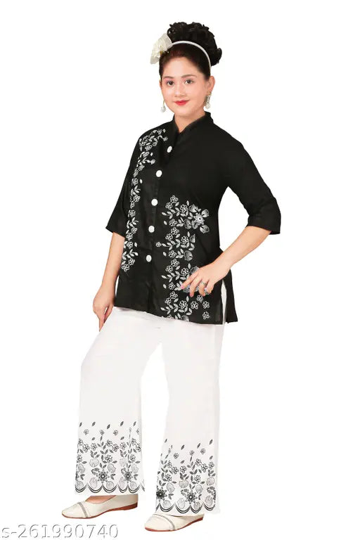 Black cotton blend kurti and plazo sets with three-quarter sleeves, printed party festive style for girls aged 4-12. ADSK Fashion premier children's wear brand