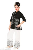 Black cotton blend kurti and plazo sets with three-quarter sleeves, printed party festive style for girls aged 4-12. ADSK Fashion premier children's wear brand