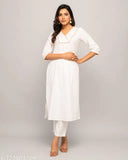 White cotton Fiorra A-line Kurta set with dupatta and pants, handcrafted Indian clothing for women in chiffon and three-quarter sleeves