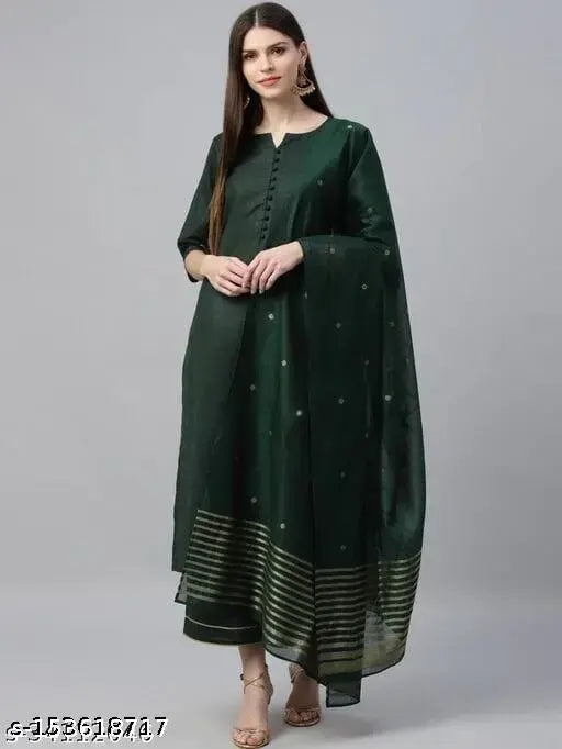 Cotton Kavya Dupatta sets - Solid, three-quarter sleeve Indian kurta with matching pants and dupatta. Single size options available (S-XXL). Made in India