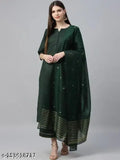 Cotton Kavya Dupatta sets - Solid, three-quarter sleeve Indian kurta with matching pants and dupatta. Single size options available (S-XXL). Made in India