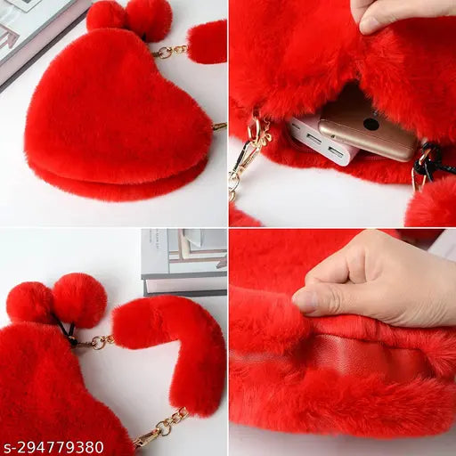 Heart-shaped faux fur handbag, red, pom poms, small shoulder bag, clutch purse