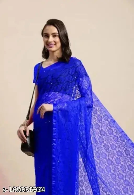 Fancy Rasal net saree with embroidered running pattern blouse, Indian net fabric for free size