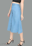 Blue denim A-line skirt for casual lite, solid stylish washed denim, partially elasticated waistband with full button placket, front slit, flared hem. Made from 100% cotton, size options include 28, 30, and 32 inches. Origin: India