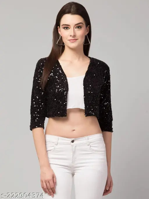 Embellished velvet sequins jacket, three-quarter sleeves, modern design, India origin