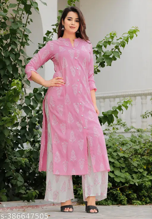 Rayon front-button show kurta and palazzo set, printed, three-quarter sleeves, Indian ethnic wear for women and girls