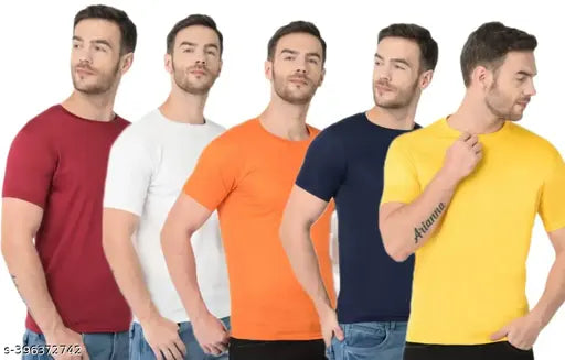 Men's solid polyester round neck t-shirt pack of 5 (S-XXL), breathable and durable for summer