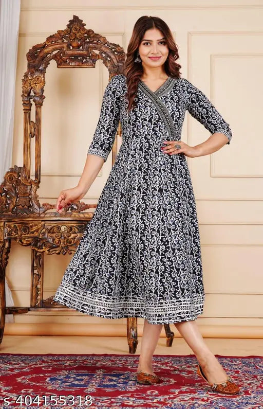 Women's Embroidered Anarkali Kurta with long sleeves, black background, intricate embroidery details
