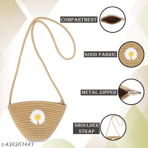 Brown woven jute bag with white daisy embroidered, good fabric, metal zipper