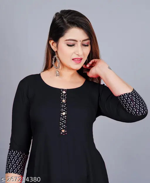 Black rayon round pleated flared kurti with 3/4 sleeves, stylish casual and formal wear for women