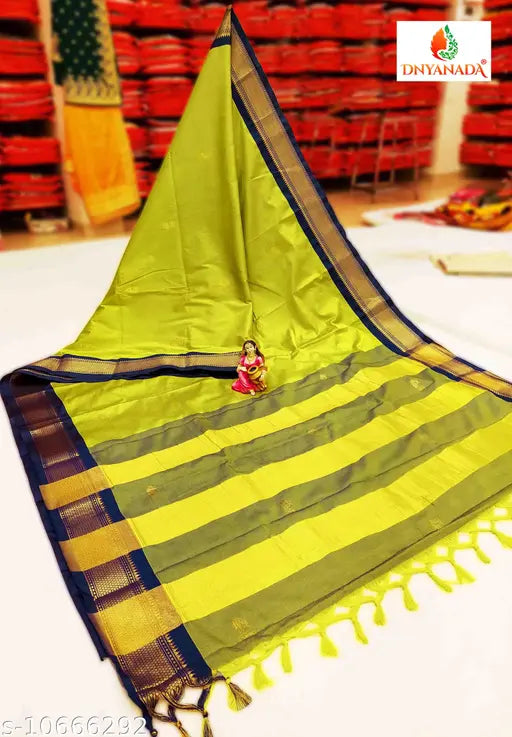Lemon and navy Sanjivani Traditional Paithani Cotton Silk Saree with contrast blouse piece & zari pallu, pure brocade from Maharashtra