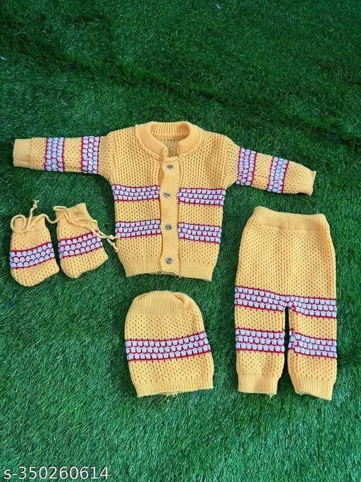 Wool sweater set & booties (0-3 months) for baby boys & girls, printed pattern for winter warmth