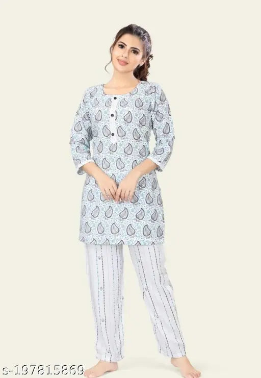 Printed rayon night suit with three-quarter sleeves, India-origin fashion wear for women's sleepwear collection