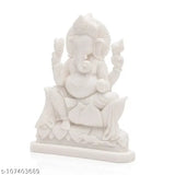 Marble statue of Ganesh, a Hindu deity with an elephant head, seated on a bed with lotus flowers and a rat at his feet; 12cm tall, white marble material