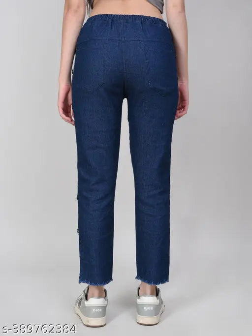 Dark blue stretchable side buttoned high-waisted women's jogger jeans