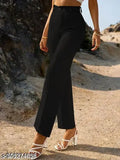 Black cotton blend solid lycra trousers for women - women's black trousers on model, size 30 (waist 28in, length 39in, hip 36in)