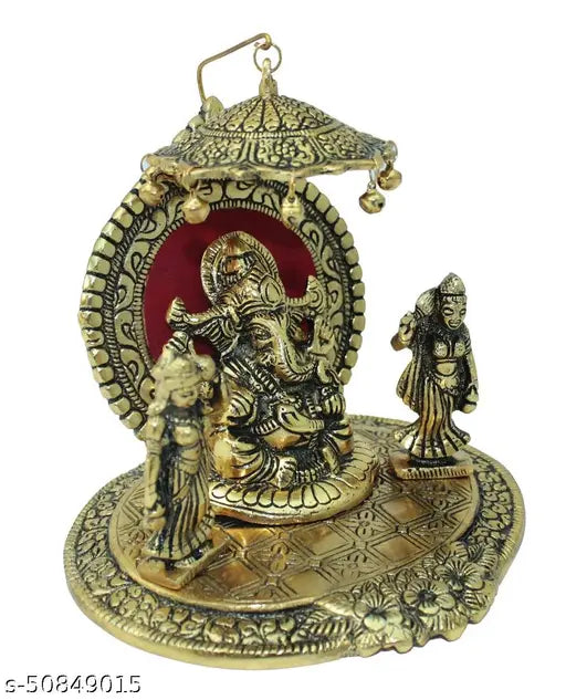 Gold metal Crafticia Ganesh showpiece with Ridhi and Sidhi (16x14x20 cm), symbolizing prosperity and blessings for home or gifting