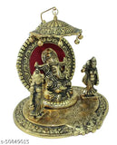 Gold metal Crafticia Ganesh showpiece with Ridhi and Sidhi (16x14x20 cm), symbolizing prosperity and blessings for home or gifting