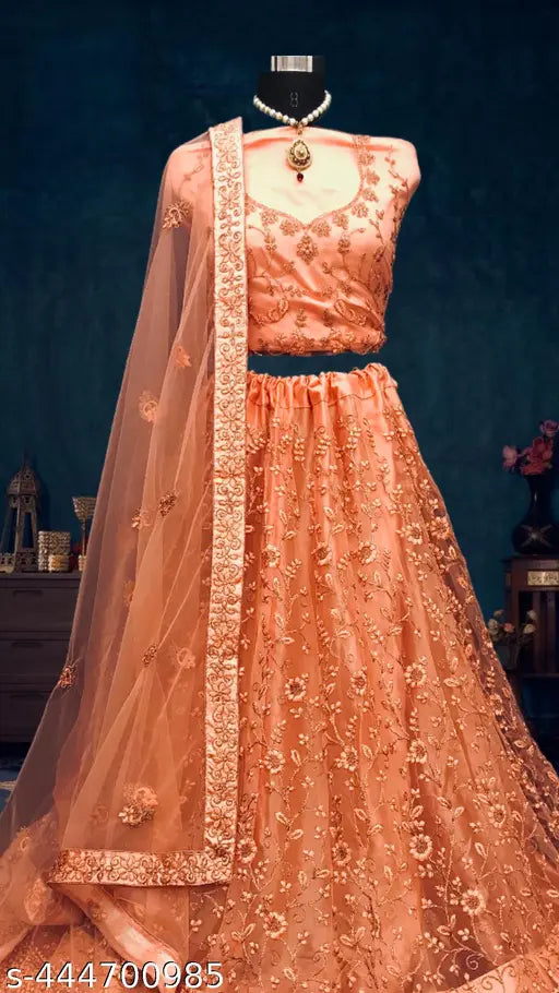 Classic peach net embroidered Lehenga Choli with Semi-Stitched Blouse and Dupatta - Indian ethnic wear for parties, festivals, or weddings. Free Size with 2.5m dupatta length, perfect for regular occasions