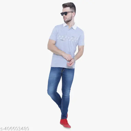 3BROS Printed Contrast Collar Neck Short Sleeves Cotton Blend Blue Stylish Fashionable & Comfortable Trendy Graphic Mens T-shirts