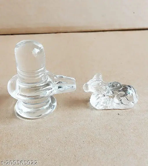 Clear sphatik Nandi and Shivling idols, 5cm, perfect for home puja.