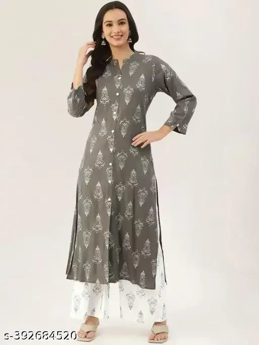 Rayon printed kurti and Palazo set, three-quarter sleeves, available in various sizes from S to 4XL. Indian rayon fabric for women's fashionable outfit