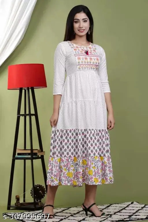 Viscose rayon printed embroidered Anarkali kurti, three-quarter sleeves, Indian embroidery design on display