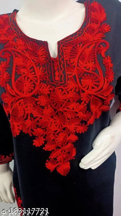 Black woolen kurti with over red embroidered details, designed by Naya for women