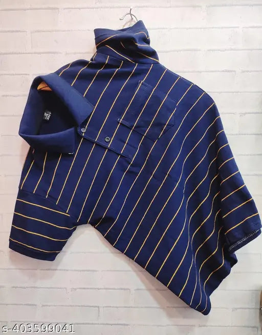 Striped cotton men's polo T-shirt, 100% cotton, lightweight, regular fit, left side pocket. Made in India