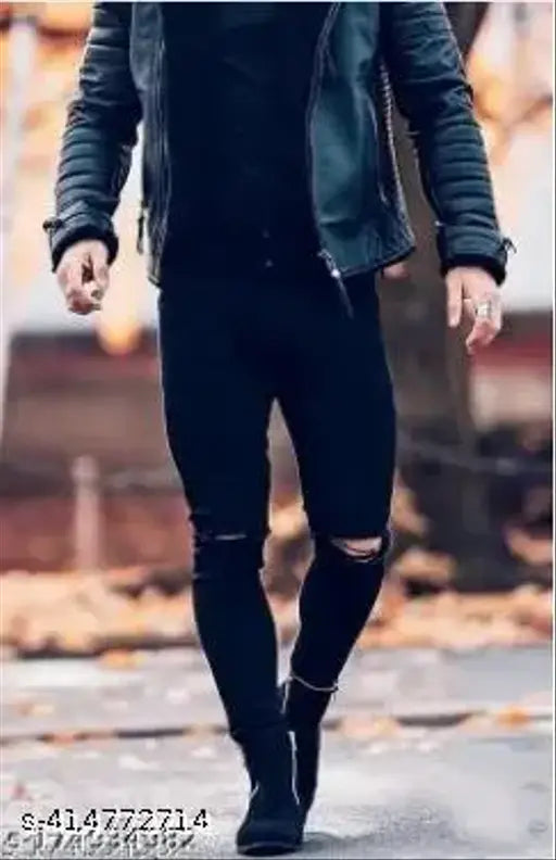 Black denim knee-cut jeans for men, solid pattern and fit for any occasion. (Size 30, 36 inches long) Indian import by Shriradhe Enterprises