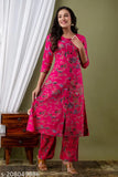 Rayon Demirner Women's Printed Kurta Palazzo Ethnic Set with three-quarter sleeves, self-designed net pattern on display. Sizes: S (Bust 36", Kurta 44", Bottom 38"), M (Bust 38", Kurta 44", Bottom 38"), L (Bust 40", Kurta 44", Bottom 38"), XL (Bust 42", Kurta 44", Bottom 38"), XXL (Bust 44", Kurta 44", Bottom 38"), XXXL (Bust 46", Kurta 44", Bottom 38"), 4XL (Bust 48", Kurta 44", Bottom 38"), Made in India