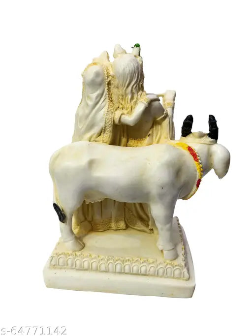 Cream-toned polyresin Radha Krishna with Cow God Idol Murti Figurine, ideal for Pooja, Mandir, Temple, or Home decor