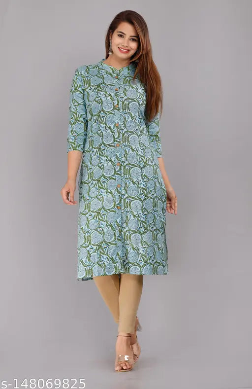 Rayon printed kurti, three-quarter sleeves, vibrant Indian fashion accessory