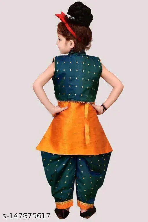 Pativala Indian hand-painted dress, orange and green printed fabric, fitted style