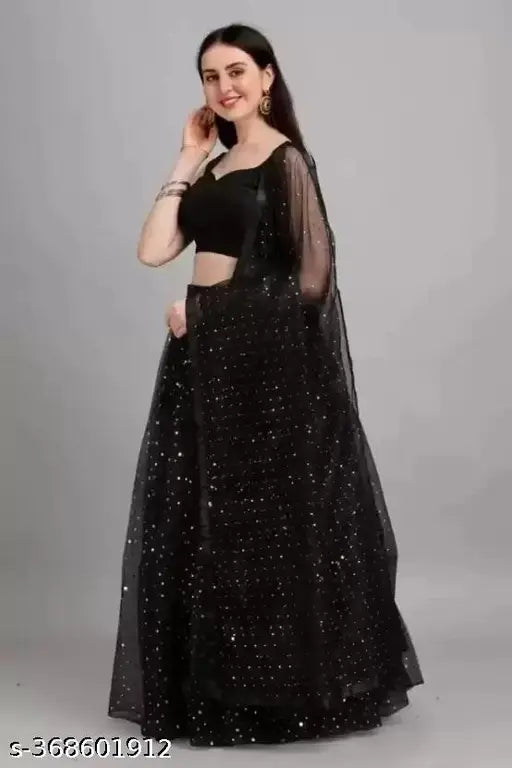 Stylish black-black semi-stitched net lehenga choli with embroidered blouse, featuring checked pattern and solid dupatta. Elevate your ethnic charm with this trendy Indian ensemble perfect for weddings or festive occasions