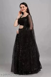 Stylish black-black semi-stitched net lehenga choli with embroidered blouse, featuring checked pattern and solid dupatta. Elevate your ethnic charm with this trendy Indian ensemble perfect for weddings or festive occasions