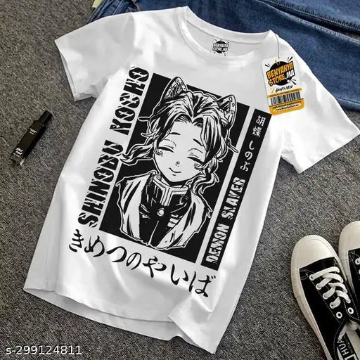 White Demon Slayer printed polyester unisex casual wear round neck half sleeve t-shirt on model