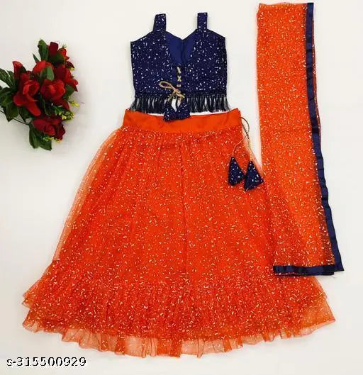 Fully stitched net lehenga choli and dupatta set with embellishments, Indian traditional dress for girls aged 6 months to 10 years