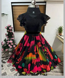 Multicolor Georgette floral print Lehenga & crop top with black crop top, ideal for festivals or celebrations