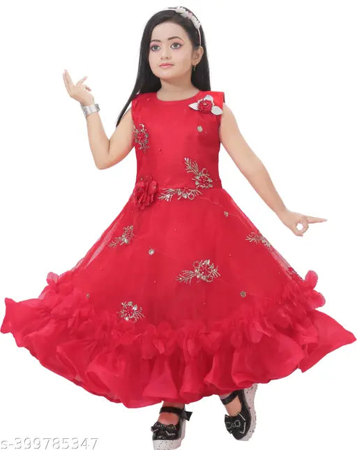 kids girls dress new model premium quality net fabric below knee length fit and flare design round neck full sleeves India